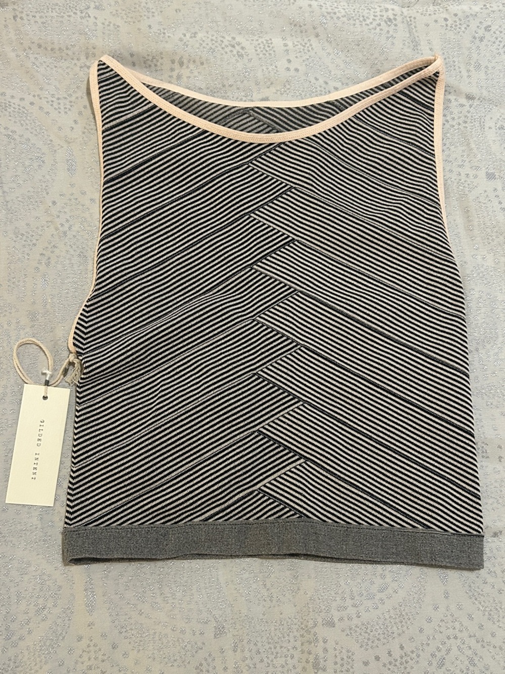 Gilded Intent for BUCKLE Black & White Striped Crop Top Tank with Pale Pink Trim
